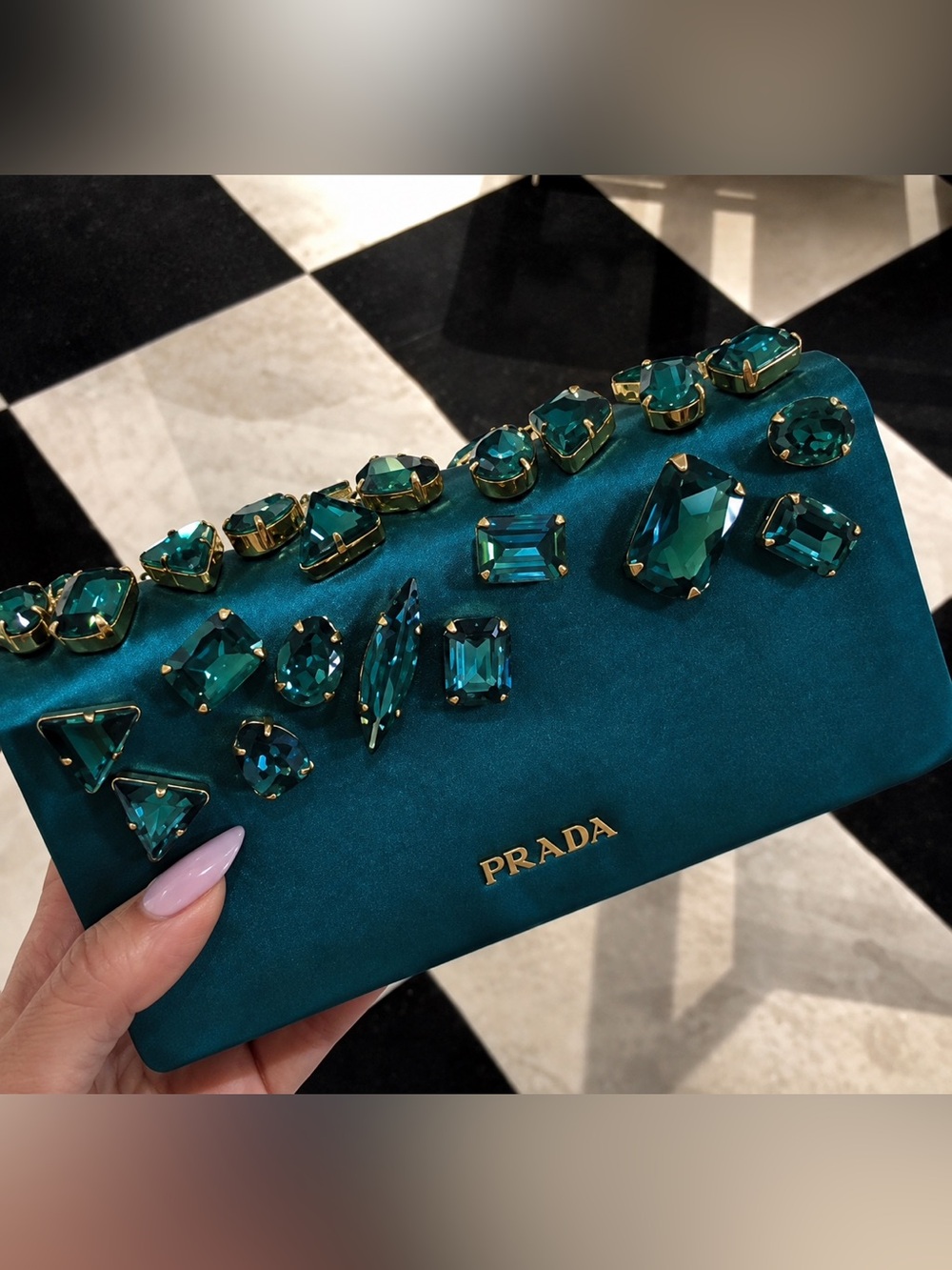 Rare 2010s Authentic Prada Raso Stones Jewel-Embellished Satin Bag